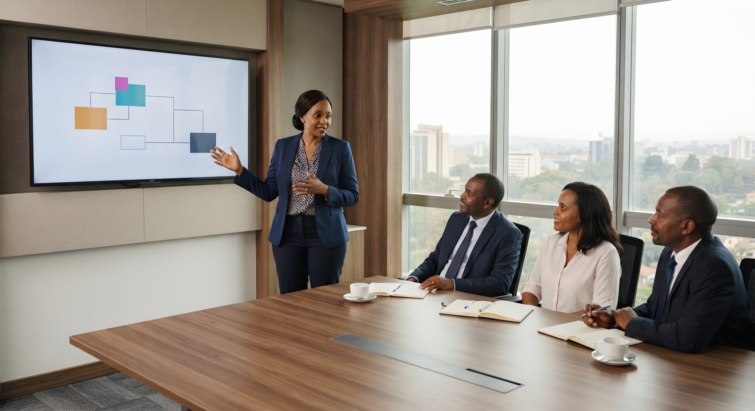 A woman presents a workflow on a screen to three colleagues around a boardroom table in Nairobi.